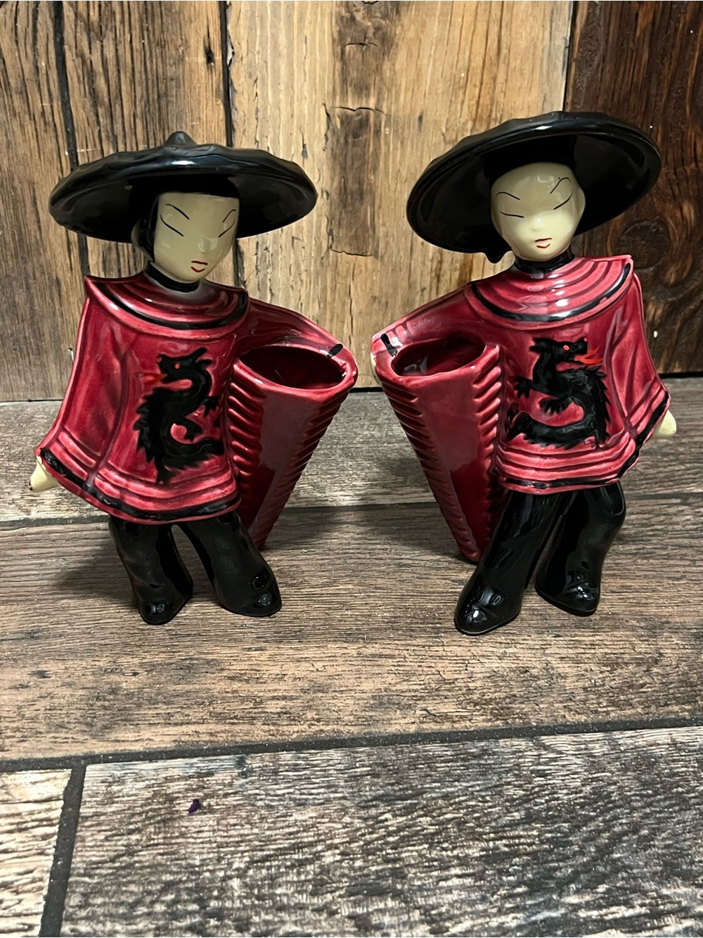 Asian-Inspired Red and Black Ceramic Figurine Vase Duo